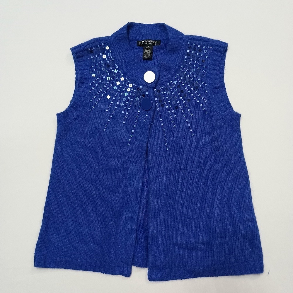 Pine Needles New York Blue Silk Wool Blend Sleeveless Sweater Vest Sequin Medium